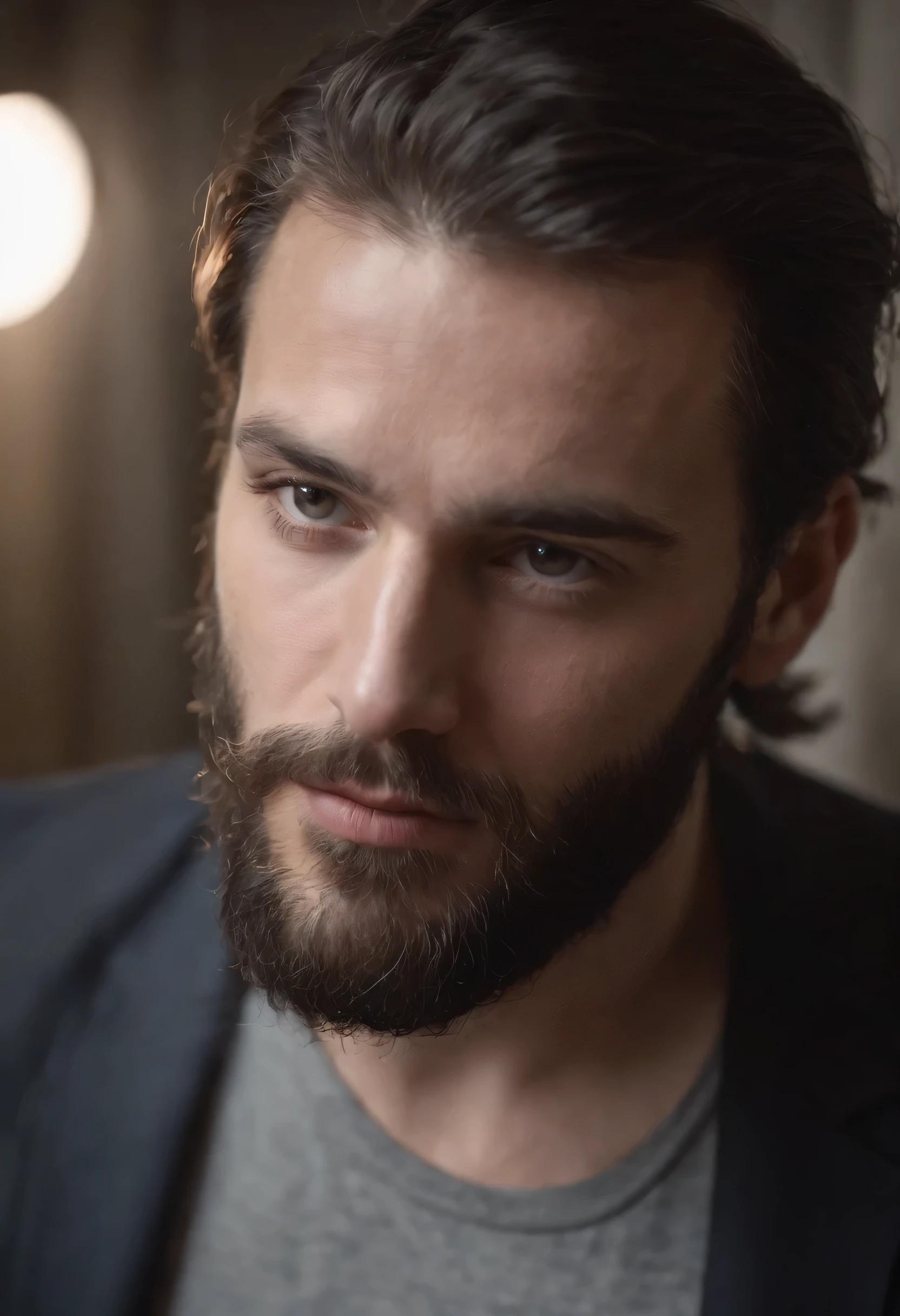 homme mince, longs cheveux foncés mi-longs, regard profond, barbe bien, Yeux noirs et vêtements usés, fatigue