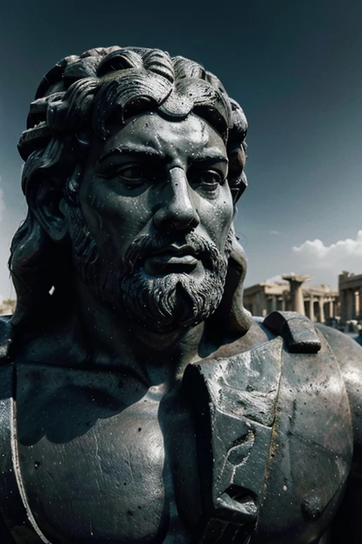 "A dark landscape image of an ancient greek society deeply connected to stoicism, black and white, ancient greek architecture, include one single big statue of a stereotypical strong greek man, marcus aurelius 