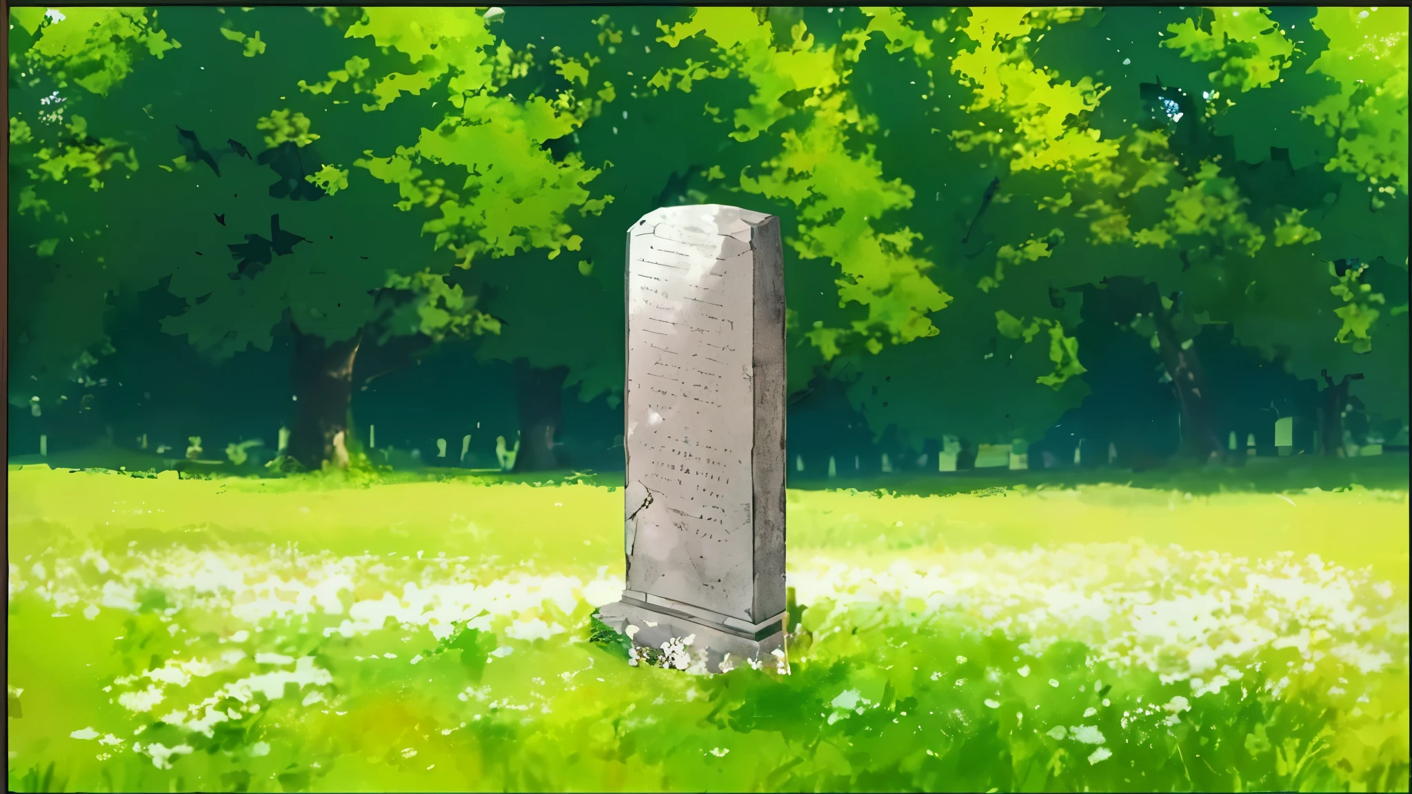 there is a stone monument in a grassy field with trees in the background, untethered stelae, tombstone, anime background, ((monolith)), runestone, random background scene, anime background art, obelisk, ( ( makoto shinkai ) ), grave, tombstones, monolith, standing over a tomb stone, gravestones, monument