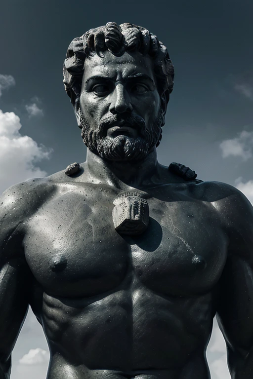 "A dark landscape image of an ancient greek society deeply connected to stoicism, black and white, ancient greek architecture, include one single big statue of a stereotypical strong greek man, marcus aurelius
