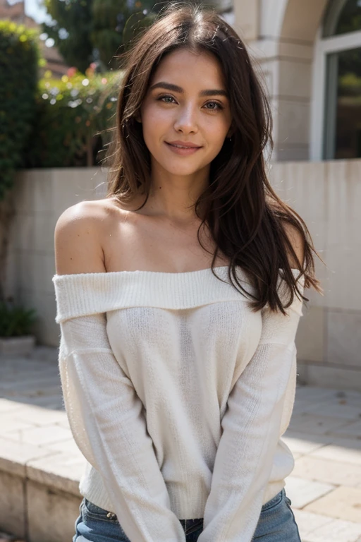 ((Mejor calidad)), ((obra maestra)), (detallado), cara perfecta, mandy kay, sonriente, off-shoulder sweater black , cabello  rizado, 25 years old, mirada sexy, cara delgada. 