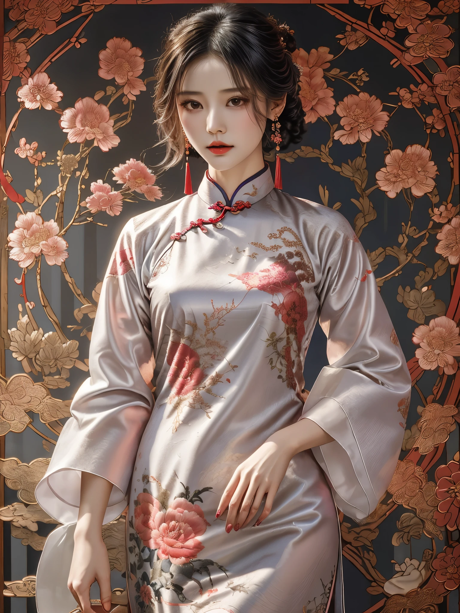 （Beautiful girl wearing cheongsam），（柔and色调的，pink，Purple，blue，verde claro，Peach brown，Red，）温暖的颜色and冷色相结合，The picture will look colorful and unusual，Chinese cheongsam pattern magpie、peanuts、pomegranate，Western-style pattern，Includes plaid、stripe、Polka dots，Embroidery adds beauty to cheongsam，The composition of Cantonese embroidery is complex but not chaotic，Hunan embroidery takes Chinese landscape painting as its theme，&quot;Embroidery can create fragrance，The embroidered bird can hear，Embroidery can convey the spirit。&quot;There are more than a hundred kinds of traditional stitches in Shu embroidery.，精thin严谨。Su embroidery &quot;flat&quot;、Light、even、even、and、Shun、thin、dense，Hand carved dragon and phoenix，wishful，bat，Flower and other patterns，Disc buckle，Cheongsam placket style single placket、double lapel、Slanted placket，some fine jewelry，such as earrings、Necklaces etc.，to highlight personality charm，旗袍的鞋子and包包也需要与整体造型相匹配