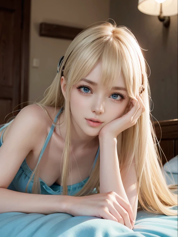 Blonde haired woman lying on bed with blue sheets and light, photorealistic anime, surreal anime, long blonde hair and large eyes, long blonde hair and large eyes, anime girl in real life, realistic young anime girl, soft portrait shot 8k, anime. soft lighting, photorealistic anime girl render, surreal甘いバニーガール, realistic anime, surreal,