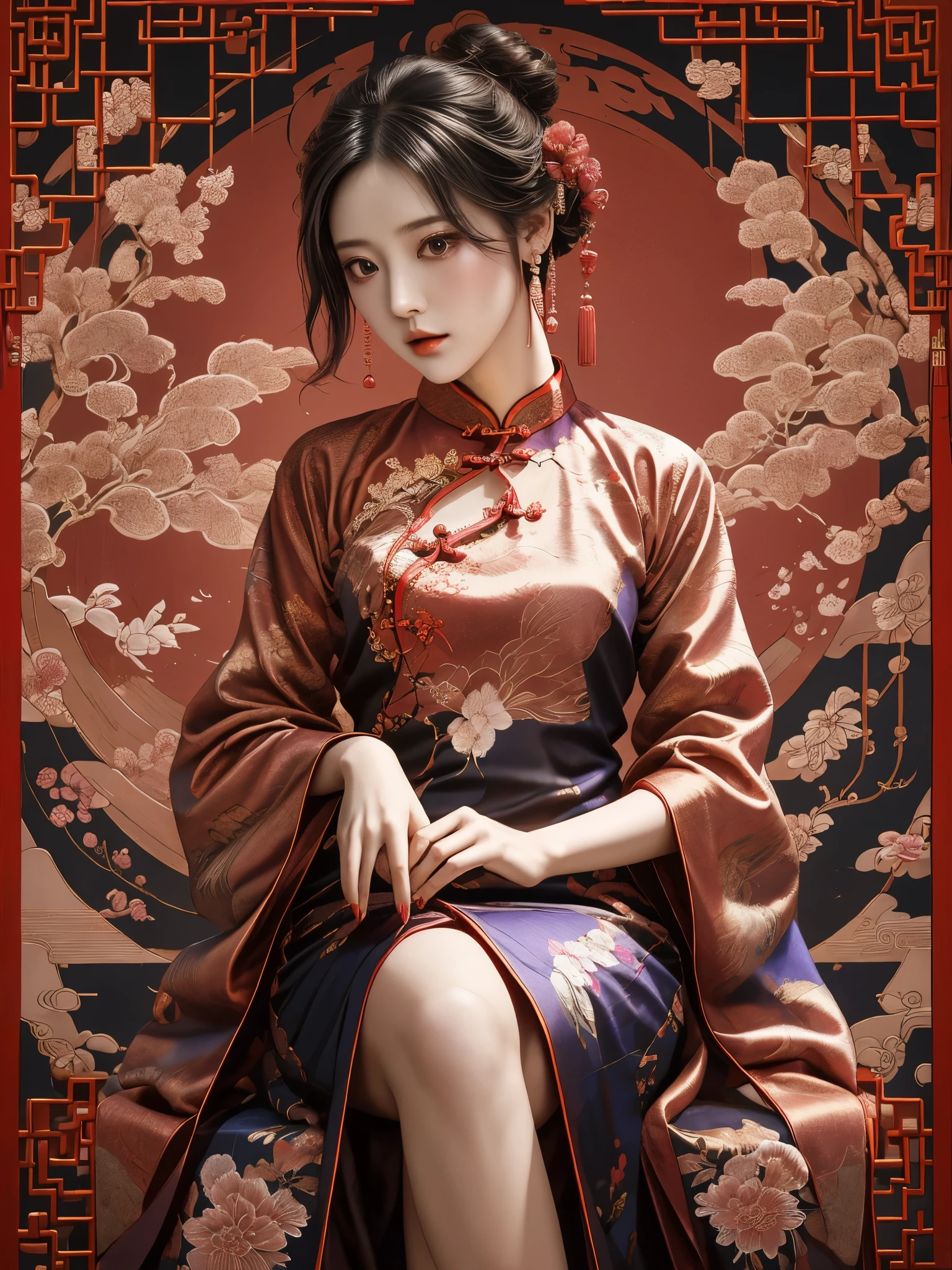 （Beautiful girl wearing cheongsam），（柔and色调的，pink，Purple，blue，verde claro，Peach brown，Red，）温暖的颜色and冷色相结合，The picture will look colorful and unusual，Chinese cheongsam pattern magpie、peanuts、pomegranate，Western-style pattern，Includes plaid、stripe、Polka dots，Embroidery adds beauty to cheongsam，The composition of Cantonese embroidery is complex but not chaotic，Hunan embroidery takes Chinese landscape painting as its theme，&quot;Embroidery can create fragrance，The embroidered bird can hear，Embroidery can convey the spirit。&quot;There are more than a hundred kinds of traditional stitches in Shu embroidery.，精thin严谨。Su embroidery &quot;flat&quot;、Light、even、even、and、Shun、thin、dense，Hand carved dragon and phoenix，wishful，bat，Flower and other patterns，Disc buckle，Cheongsam placket style single placket、double lapel、Slanted placket，some fine jewelry，such as earrings、Necklaces etc.，to highlight personality charm，旗袍的鞋子and包包也需要与整体造型相匹配