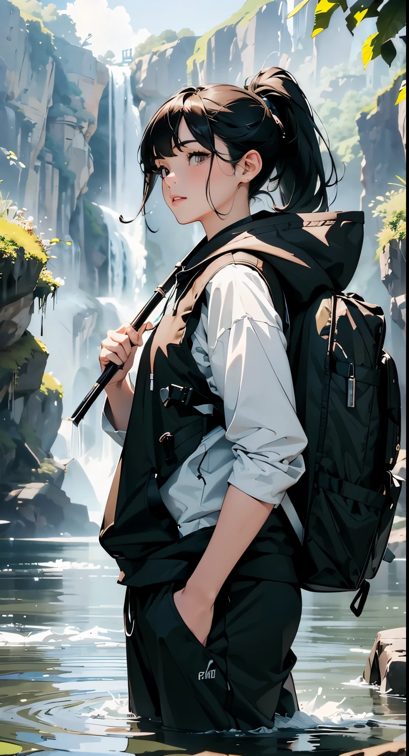 masterpiece、High resolution 8K、sharp focus、contrast lighting、ultra high resolution、ultra high resolution、Detailed CG、Low - Angle、full body shot、Beautiful woman、beautiful eyes、(detailed face and iace:1 2)、narrow eyes、almond eye、brown eyes、gradation eye、highlight:1.2)、(beautiful reddish brown hair、asymmetrical bangs、medium hair(small chest size) 、(oval face : 1.4)、(thin fingered arms、detailed human hand)、Woman fishing in the river、Beautiful and wide river、Flowing waterfall、rock surface、moss、forest、Mont、blue sky、Flowing clouds、vapor、mist、full body pose、Holding a fishing rod in your hand、Fishing lure rod、Outdoor Vest、hoodie、Waders、Long pants for fishing、Big backpack)、A woman fishing with a fishing rod in her hand pointing toward the water surface