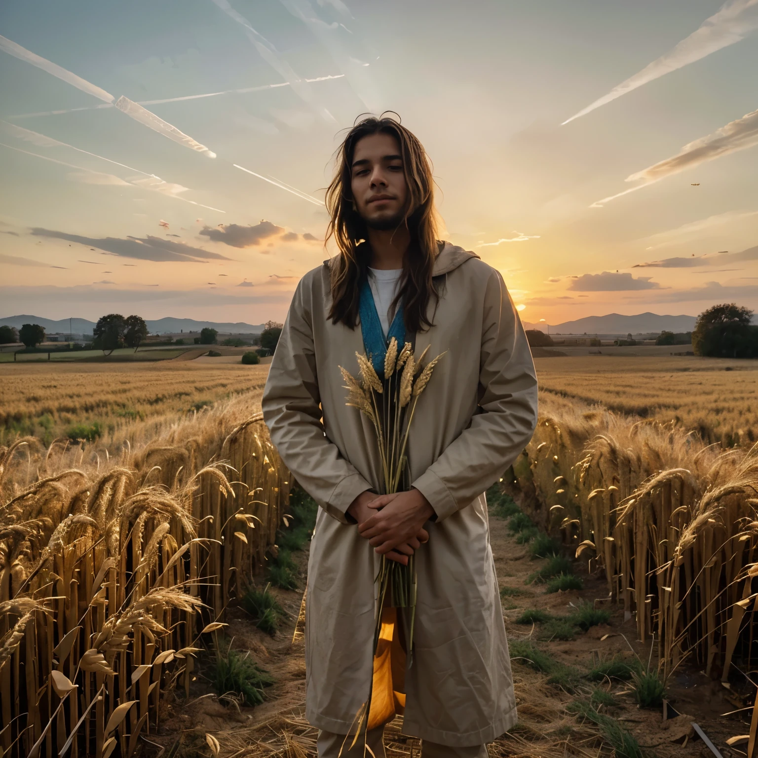 "Describe a picturesque scene of a golden field of wheat, where a young Israelite, no older than 20, stands in the center. He is admiring a towering sheaf of wheat, while other sheaves around him bend gracefully. The light The gentle sunset highlights not only the golden tones of the wheat, but also the serene expression on the young man's face, creating a warm and peaceful atmosphere."