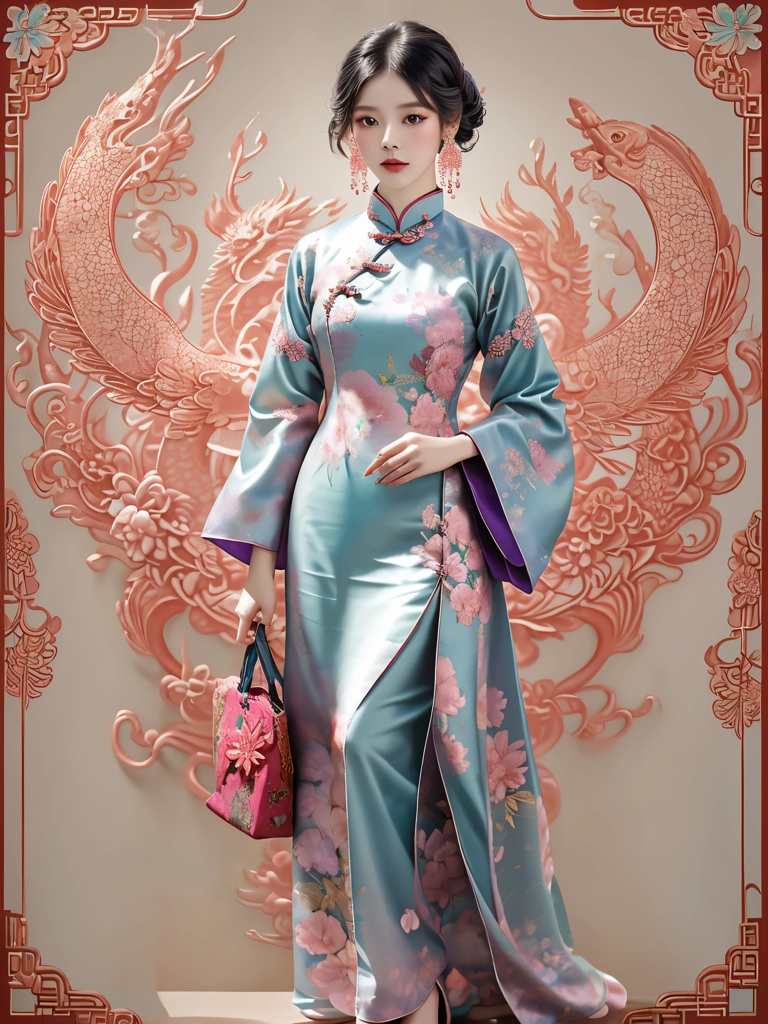 Fashion design, featuring a beautiful girl wearing a soft toned qipao, with a combination of warm and cool colors (pink, purple, blue, light green, peach brown, etc.) throughout her body, creates a rich and colorful yet exceptional visual experience. The patterns of Chinese qipao, such as magpies, peanuts, and pomegranates, are patterned with plaid, stripes, and polka dots, and embroidery adds to the beauty of the qipao. The composition of Cantonese embroidery is complex but not chaotic, while Xiang embroidery is based on Chinese landscape painting, and embroidery can create fragrance, Embroidered birds can listen to sounds, embroidered people can be vivid, precise and precise. Su embroidery is "flat, light, uniform, even, harmonious, smooth, fine, and dense", hand carved with patterns of dragons and phoenixes, Ruyi, bats, flowers, etc. The styles of buttons, cheongsam lapels are single lapels, double lapels, diagonal lapels, some exquisite jewelry, earrings, necklaces, shoes, and bags, etc., highlighting individual charm and matching the overall shape,