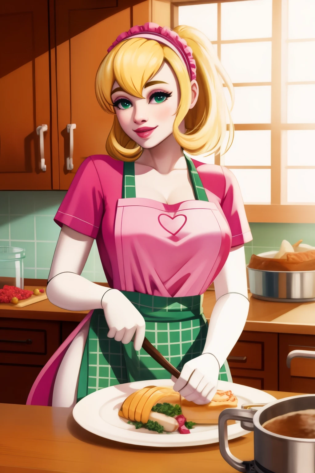 robot housewife, blonde hair, pink shirt, pink hairband, green-white plaid apron