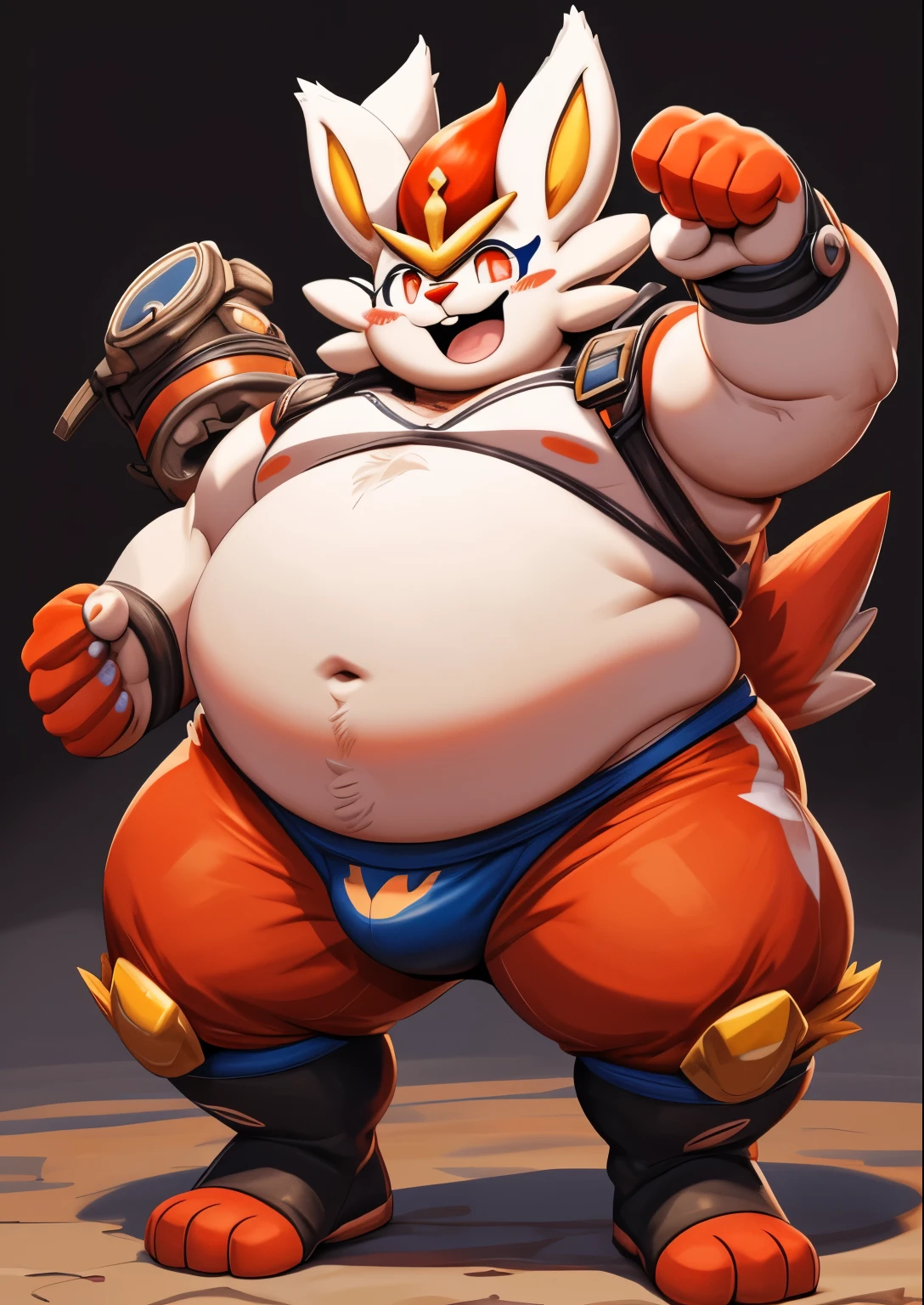 blue genitalia，solo，male people，chubbiness，small fat，Bare-chested，victory pose， solo， Detailed pubic hair， A high resolution，， tmasterpiece，Excessive obesity，Obesity in the extremities，Lift your feet，foot in the air，Correct body proportions，overweight，cinderace，roadhog， briefig bulge