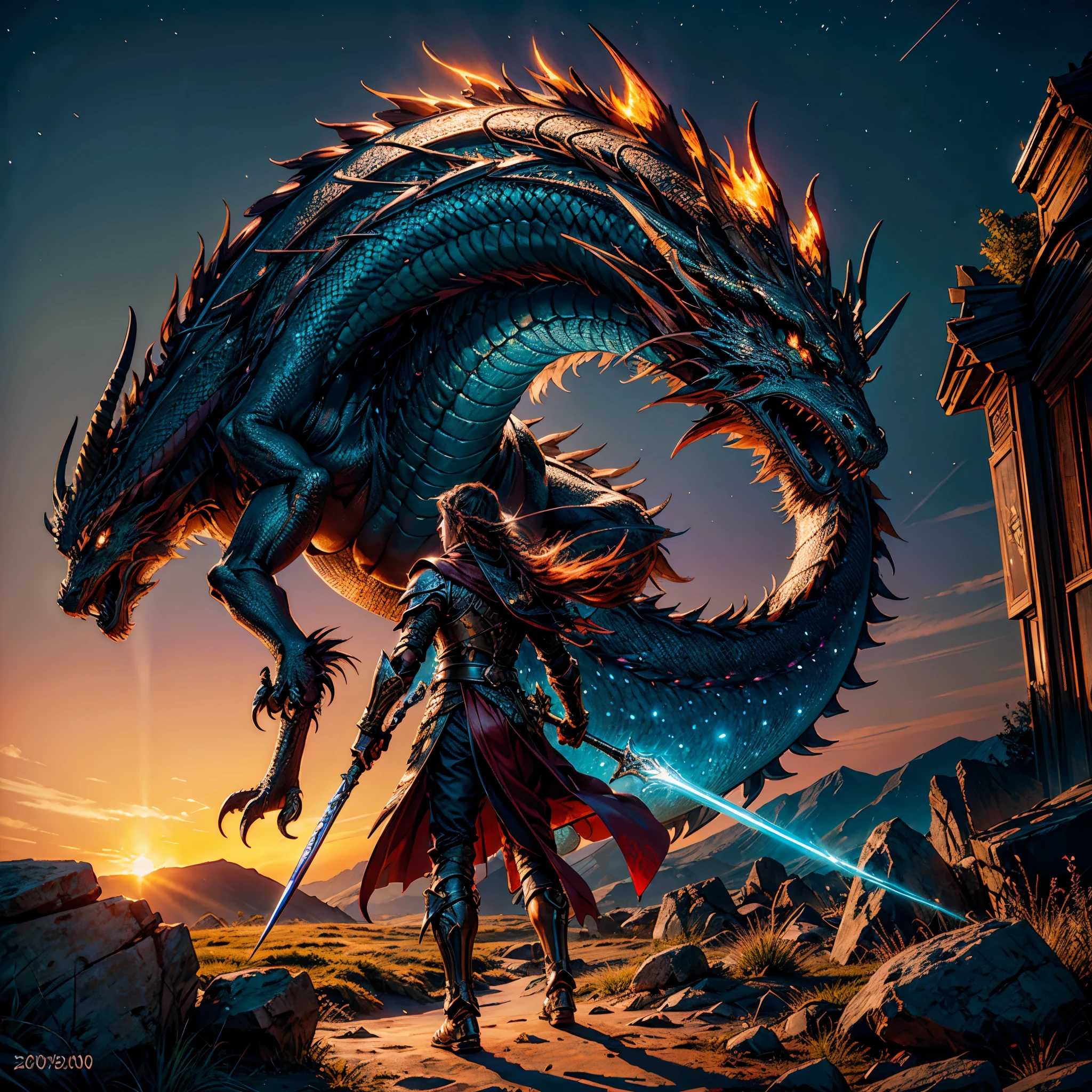 (Galaxy stars Nebula Spacious Sunrise evening_glow distant_view Sunset rich_colors colorful wide-angle_lens shooting_evening positive_film naturalistic_style) Create a digital art masterpiece depicting a fearless and battle-worn dragon slayer standing defiantly before an imposing, fire-breathing dragon. The dragon slayer should exude confidence, wielding a legendary weapon with intricate details and adorned in battle-scarred armor. The dragon should be a formidable force, its scales reflecting the glow of its fiery breath. Set the scene against a dramatic backdrop that captures the intensity of this showdown between the last of the dragon slayers and the majestic beast, showcasing the clash of two legendary forces in an epic fantasy world. Will-o'-the-wisp dazzling Symmetrical optimal bright_color dappled_sunLight meticulously intricate ultra_high-details ultra_high-res hyper pro-Photo-realistic ultra_high-quality ultra_high-def UHD XT3 DSLR HDR extreme improved Octane-rendered opengl-shaders glsl-shader romm rgb pbr shading 3DCG fxaa global illumination cgi vfx sfx fkaa txaa rtx ssao post-processing post-production cell-shading tone-mapping Ultra_sharpness focus accurate max saturate reflex analogique Vivid DSLR color-coded luminescence volumetric Cinematic_Sunrise lightning contrast incandescent Cristallines floraison zentangle fleuraison varied multi etc. --s 1000 --c 20 --q 20 --chaos 100