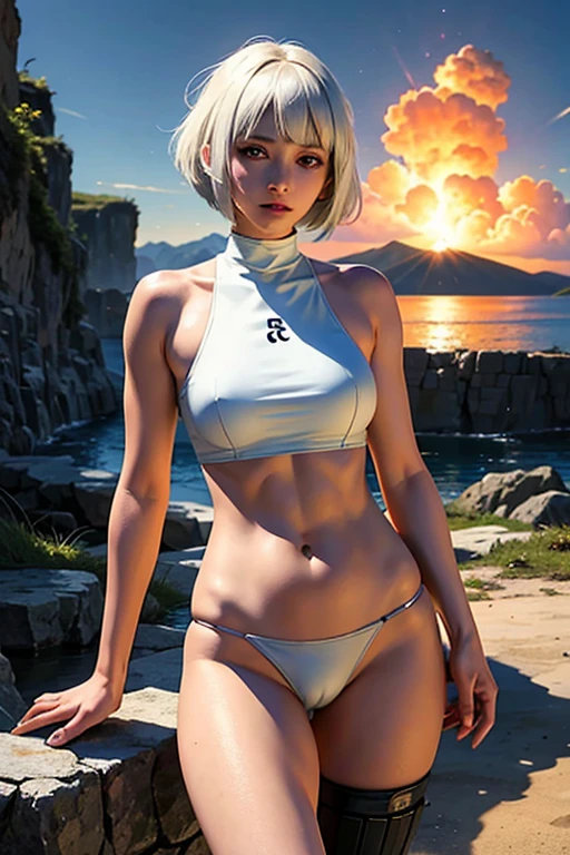 (masterpiece), (best quality), realistic, cinematic light, Hinata from Naruto, cool pose, battlefield background, perfect body, white eyes, white bobcut hair