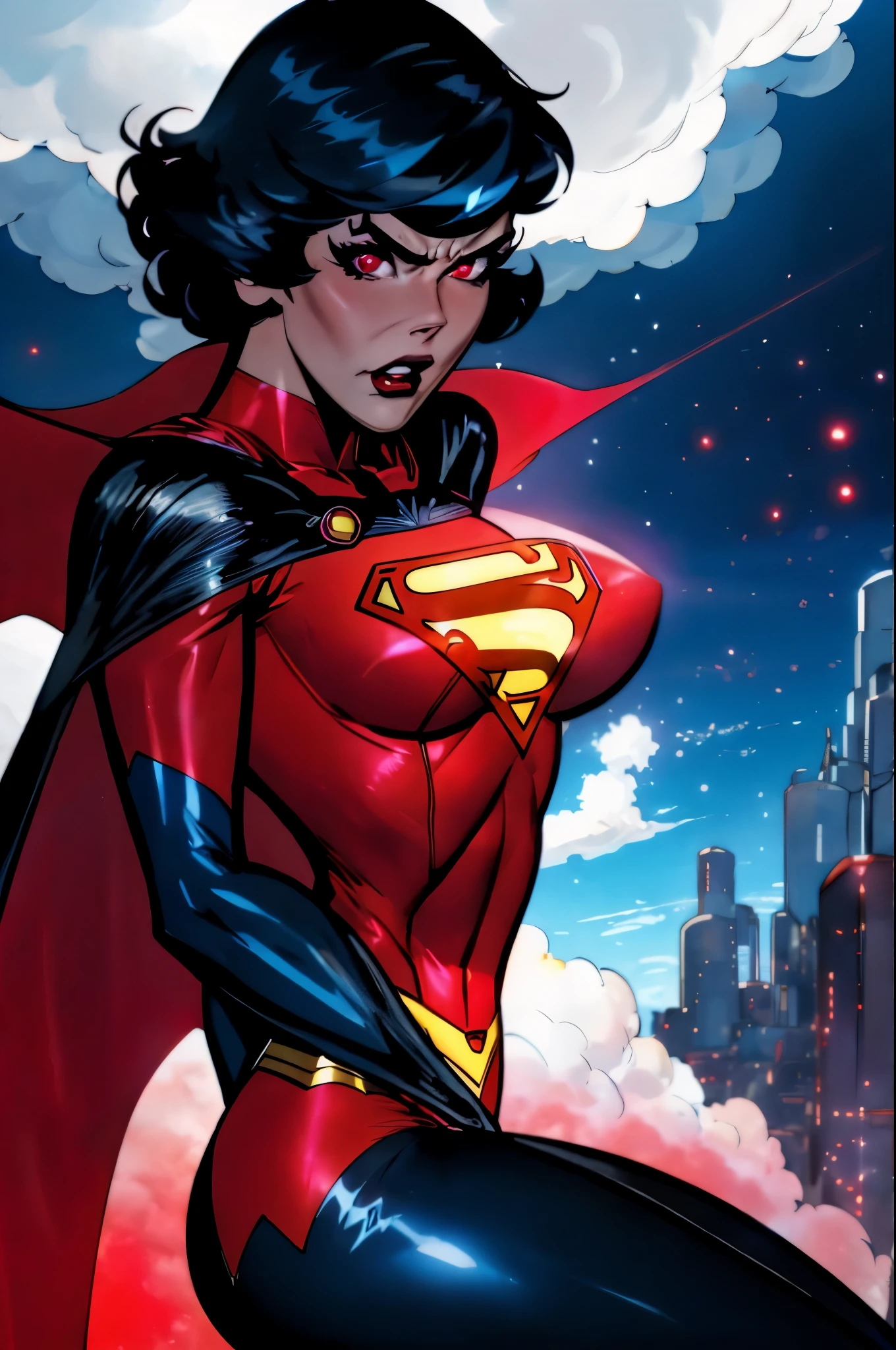 nijistyle, beautiful lady in superman cosrume, short black hair, angry, glowing red eyes, laser eyes, cape, particles, clouds, sky 