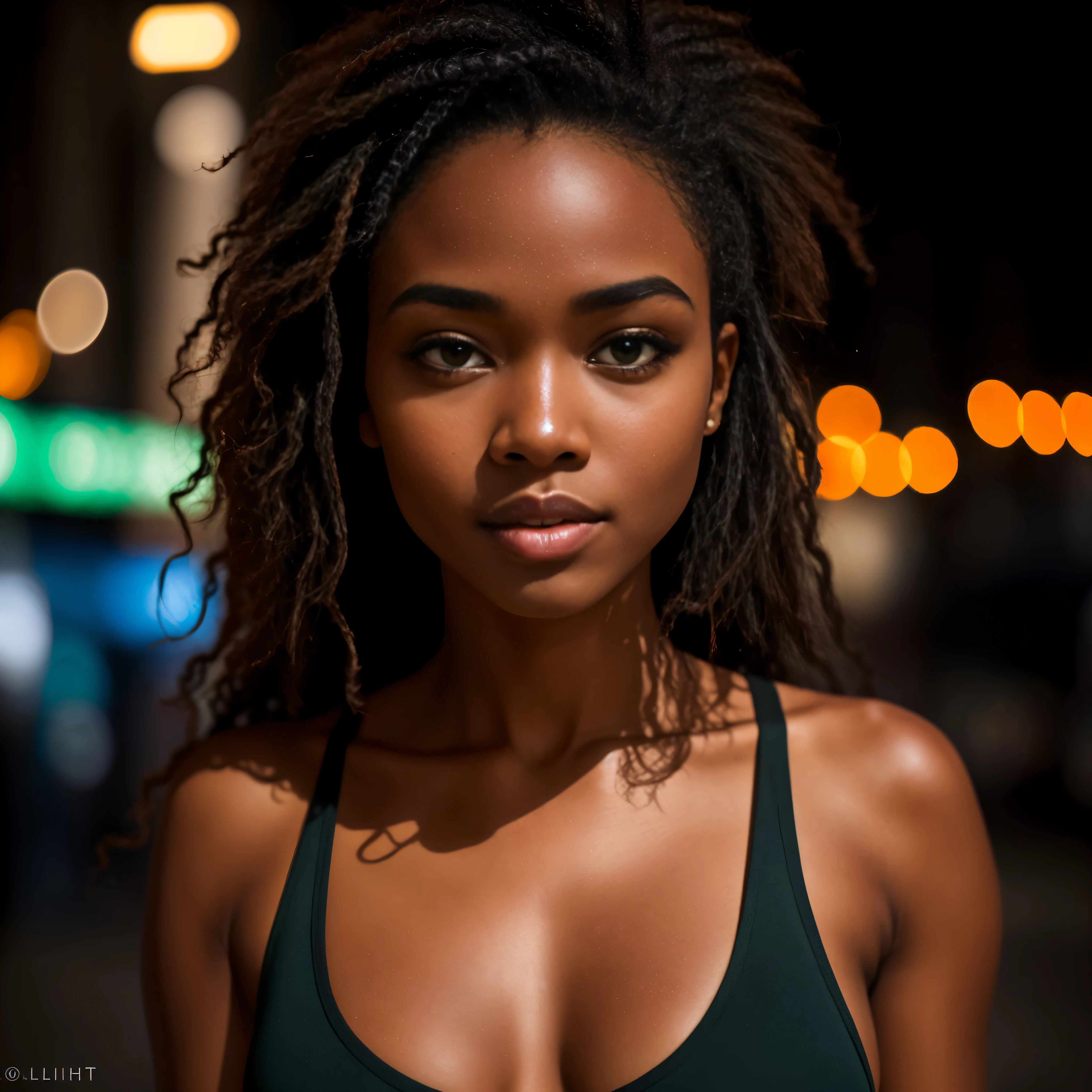 (portrait), (la moitié du corps: 1.4), RAW UHD portrait photo of a 24 year old dark Cheveux (Fille aux yeux verts), Vous avez l’air d’avoir environ 16 ans, Marcher dans une ruelle sombre, gros seins, porter un t-shirt noir avec un décolleté, city at nuit, Détails (tissu !, Cheveux !, paillettes, couleur !! , Inconvénients: 1.1), Yeux brillants avec un niveau de détail élevé (Regarder à huis clos), Éclairage reflex, Appareil photo reflex, ultra qualité, acuité, profondeur de champ, grain de film (centre), Fujifilm XT3, cristalline, centre du cadre,Netteté, l&#39;éclairage des rues, éclairage au néon, Bokeh (Lumière faible), nuit, (nuit sky), pores de peau détaillés, La peau grasse, Peau d’ébène profonde détaillée, yeux complexes, Visage unique, Tournage, Merveilleuse fille heureuse africaine, lumière sur le visage