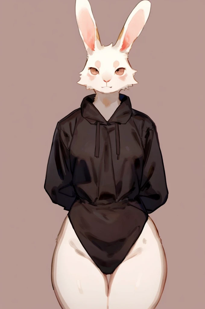Furry, Anthro, Female, E621, Rabbit, White Skin, Small curves, Front view, Small ass, Hands behind back, Small breasts, Simple image background, by bebebebebe, by buta99