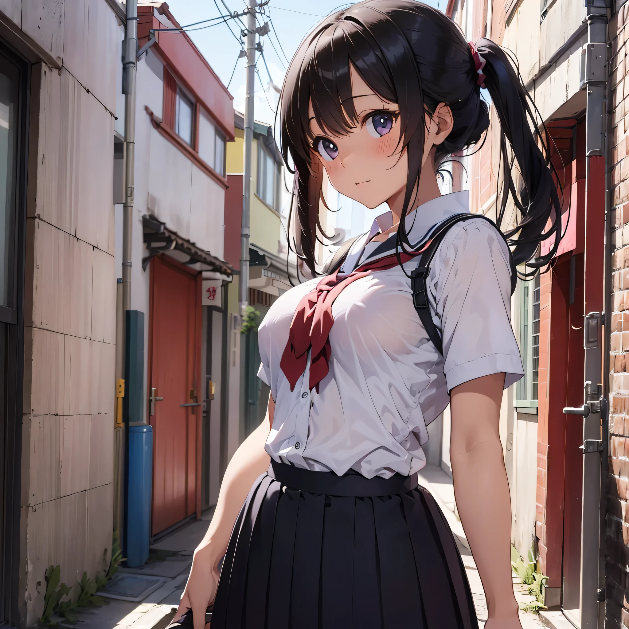 (masterpiece:2.0), (highest quality:2.0), (running down the alley:1.5), (Extremely short schoolgirl uniform:1.5), (super sexy pose:1.5), (look up from below:1.5), (perfectly exposed nape:1.5), (blushing face:1.5), (spilling breasts:1.5), (realistic:1.5), 1 little girl, very cute girl, precision small hands, You look embarrassed when you look at me, light smile, innocent face, young face, clear eyes, shining eyes, small breasts, I can see the cleavage, no pubic hair, dynamic posing, beautiful skin, Super fine, highest resolution, Japanese high school student, golden hair