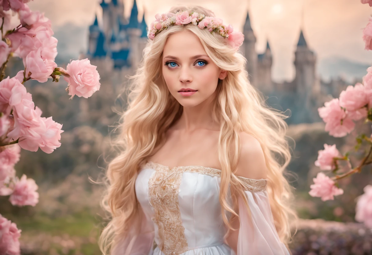 a beautiful princess, very long blonde hair, blue eyes, wearing a white dress with some light pink flowers, fantasy surroundings with a large storybook castle in the background, (in soft color tones: 1.32)