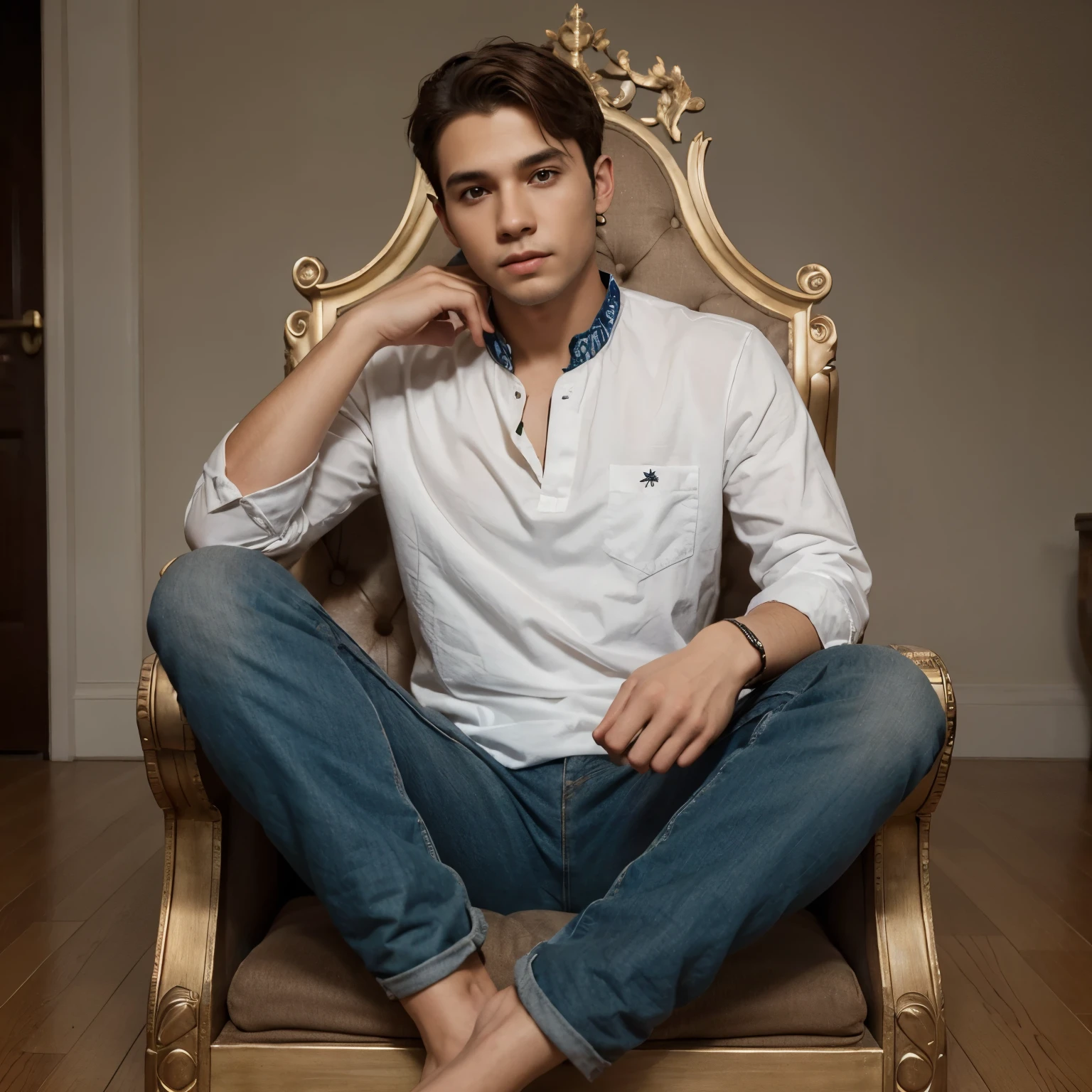 Make a young man sitting on a 3D king throne, com muita grana do lado dele 3D renderizado, e com o nome Poderoso chefinho AM7.