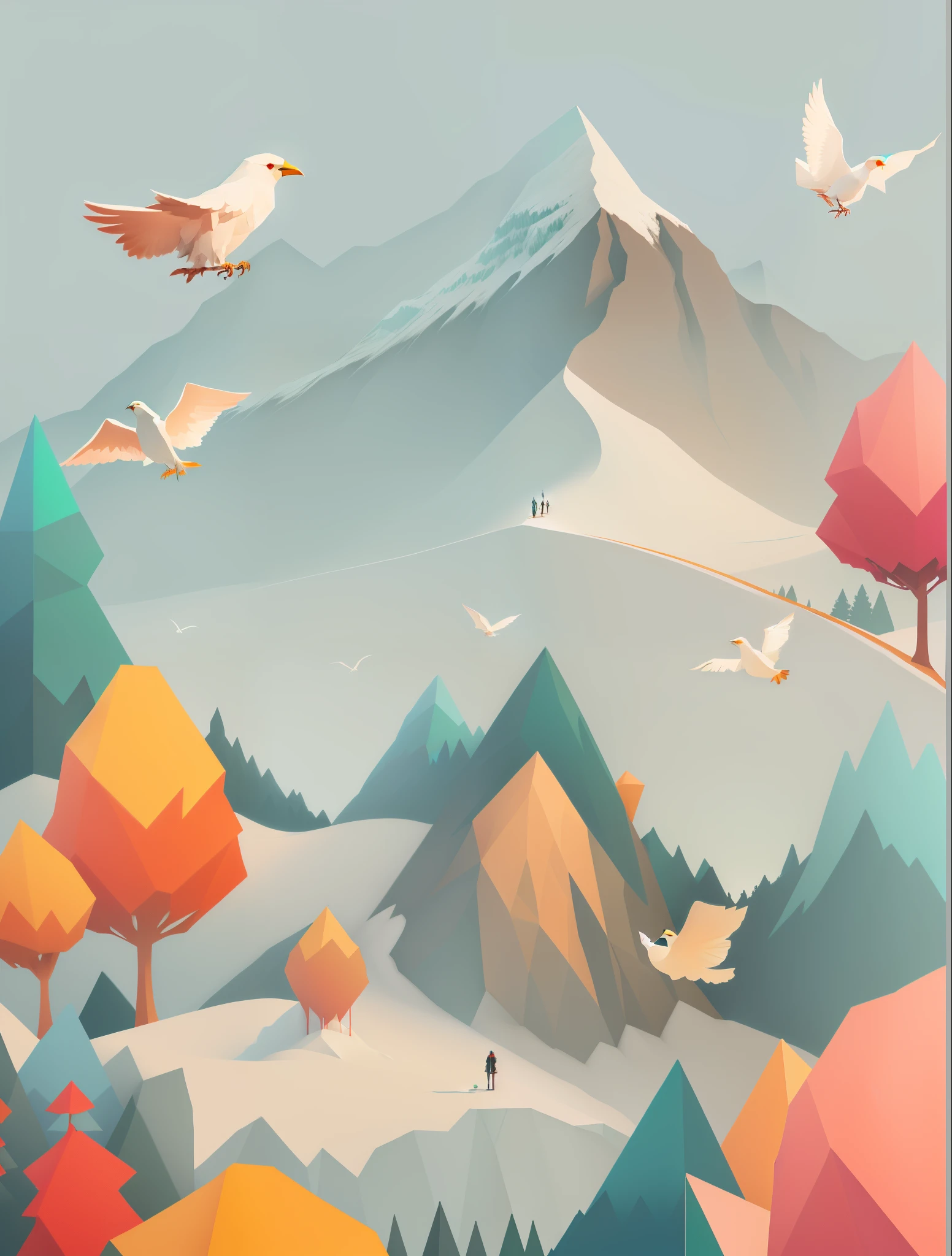 there are many birds flying over a mountain with trees, 2 d low polygon art, super detailed color lowpoly art, stylized as a 3d render, low-poly digital art, low poly graphics, dreamy illustration, high quality lowpoly art, low poly 3 d render, low poly art, low poly style, low - poly, low-poly, change colOur