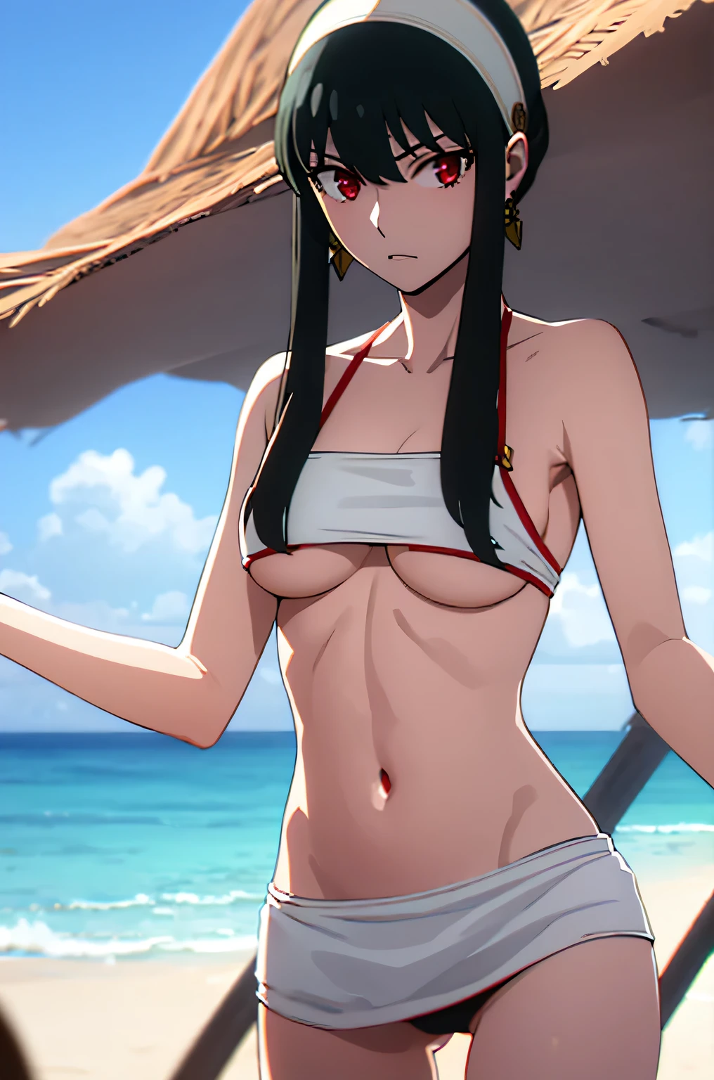 yor briar, black hair, red eyes, earrings, white hairband, hairband, long hair, sidelocks, masterpiece, best quality, beach background, midriff, medium shot, bikini,1 girl, solo, body focus, detailed, facing viewer, skimpy, medium boobs,
