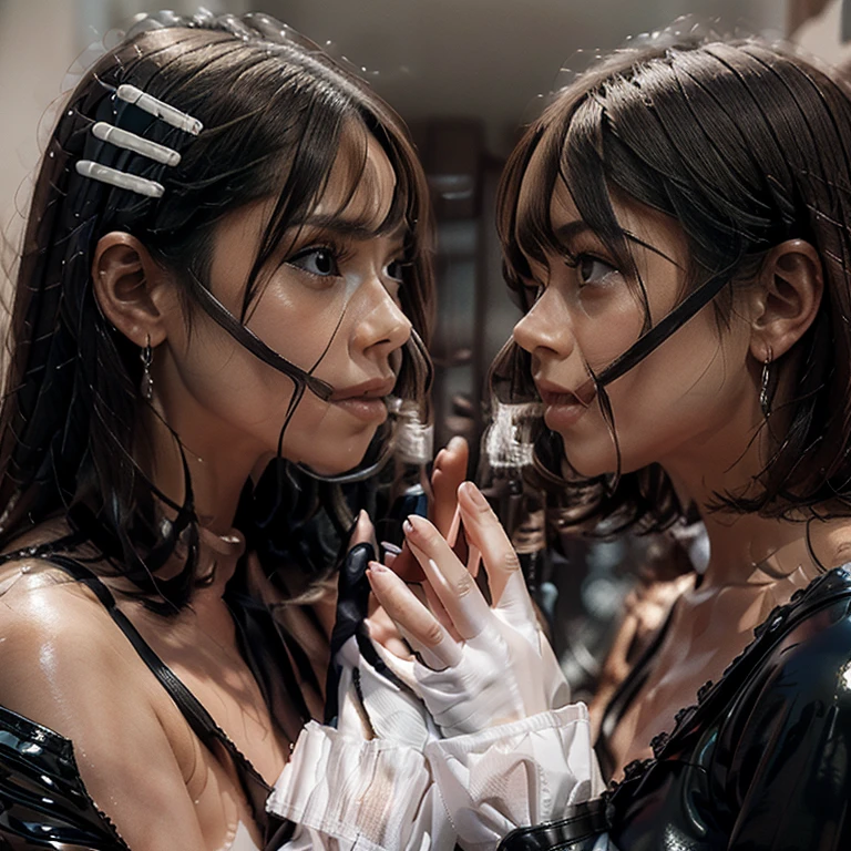 She is dancing wearing black and white sister-like latex clothes. She is wearing black latex gloves on her outstretched hands.