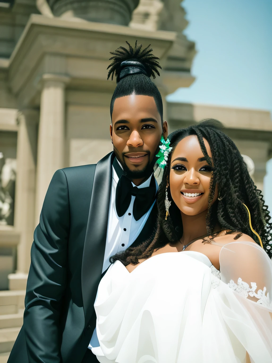 bride and groom posing for a picture in front of a statue, bride and groom, detailed portrait shot, dramatic details, wedding, wedding photo, lovely couple, they are in love, looking off to the side, rodney matthew, slide show, happy couple, looking this way, shot on nikon z9, cover shot, couples portrait, celebrating, ((oversaturated))