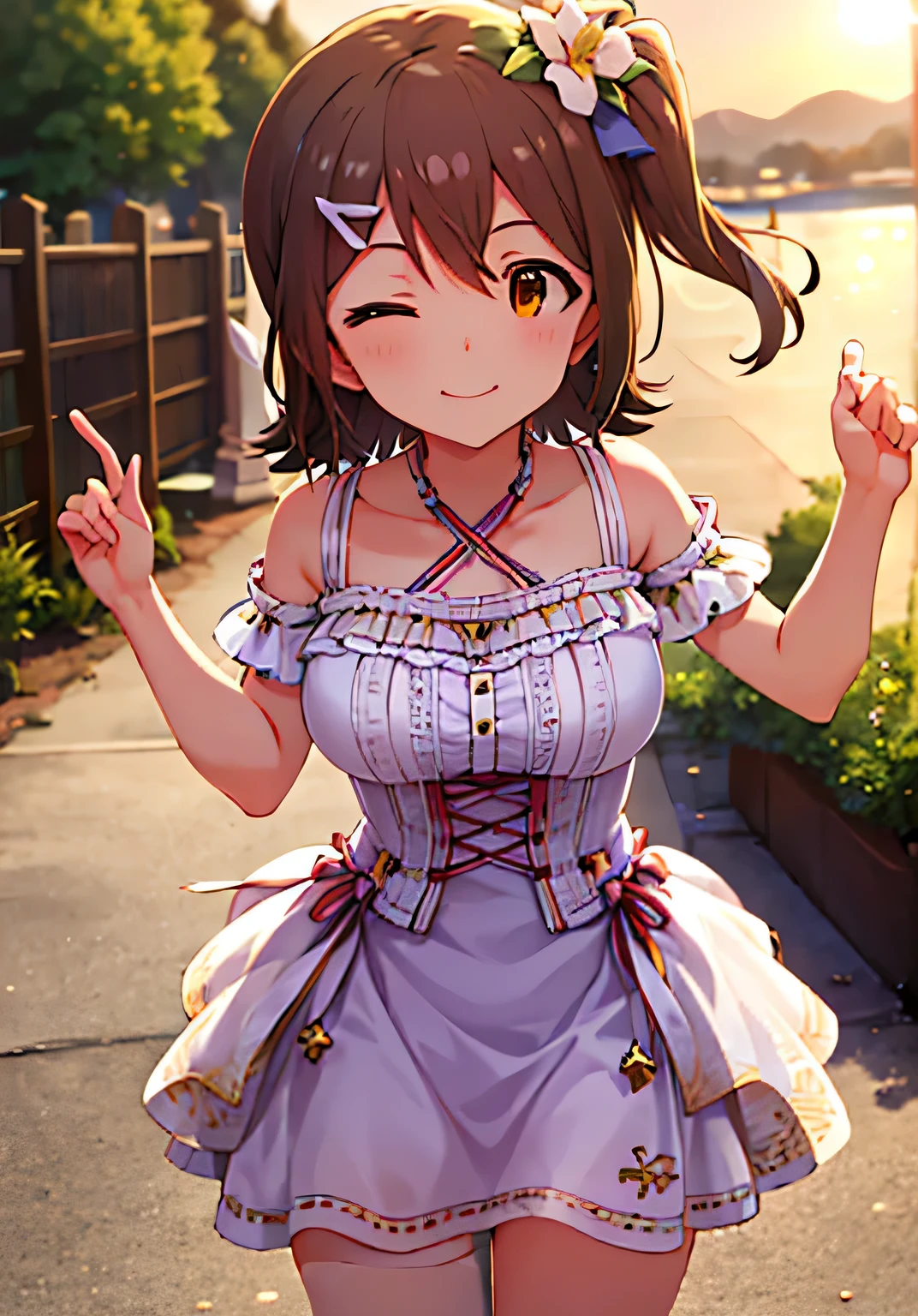 mirai kasuga (million live), (best quality, 8K, masterpiece, ultra detailed:1.2), (lens flare, light particles, sparkle), depth of field,
day, dappled sunlight,ocean, outdoors, sunset,orange sky,cinematic angle,
1girl, light smile,solo,cute,sexy,innocent, pure white dress, panty,hair flower, hairclip, (plump), curvy,thick thighs, fertilization, wide hips, standing, thick thighs, (close-up, portrait, ), v arms, one eye closed, head tilt