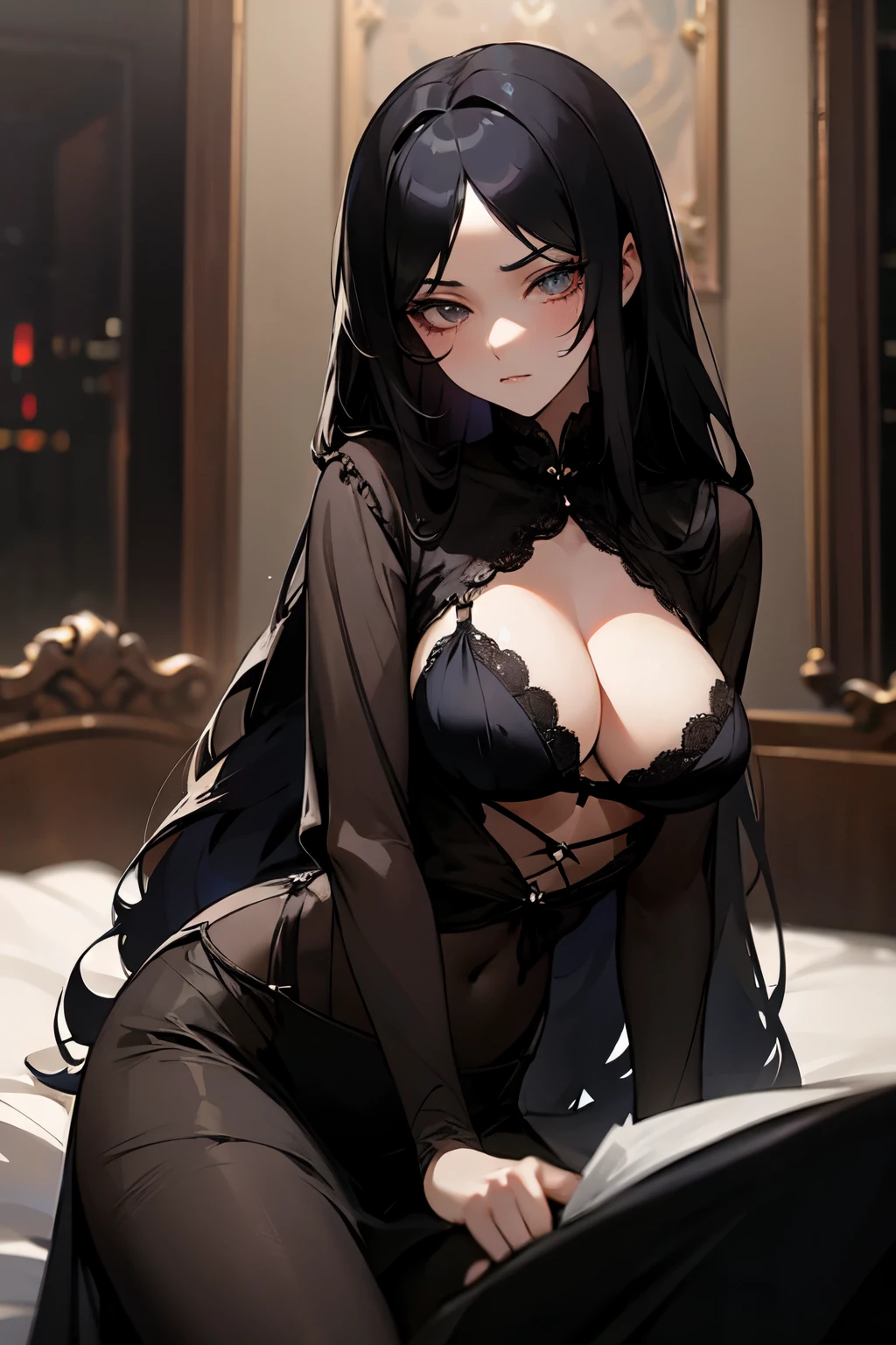 masterpiece, ((midnight)), anime female, 1woman, gothic, inside dark mansion, stoic, aloof, serious, hot, ((mature)), large breasts, eyelashes, black hair, detailed eyes, middle part, long hair, sheer clothes, bedroom at night, cleavage, tiny bra