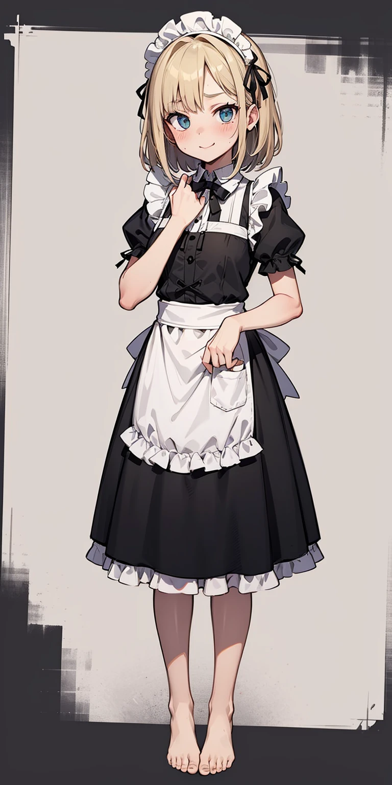 1girl, cute, ((Short black hair girl and long blonde hair girl)), maid victorian, maid apron, straight face, dazed, Body position: Standing, straight, symmetrical, barefoot, Lustful smile on face with red blush,
