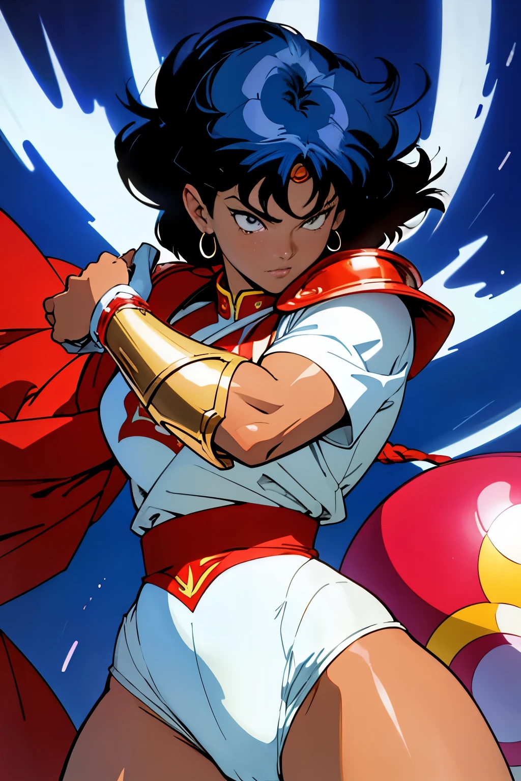 1987 cel shaded anime by Rumiko Takahashi, dark skin Warrior woman dressed in armor made out of Disco Ball patterning, masterpiece, 8k, highly decorated, chrome