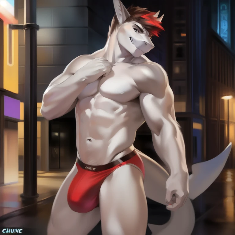 Solo, male, standing, street, muscular, smirking, (red swimwear))), by chunie, ((hair, snout)), great white shark, grey skin, black eyes. Nice bulge. Teasing pose. NiceErection through his red swimwear. 