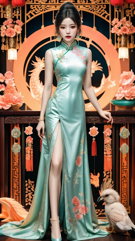 fashion design, featuring a beautiful girl wearing a soft toned lace long cheongsam, with a combination of warm and cool colors ...