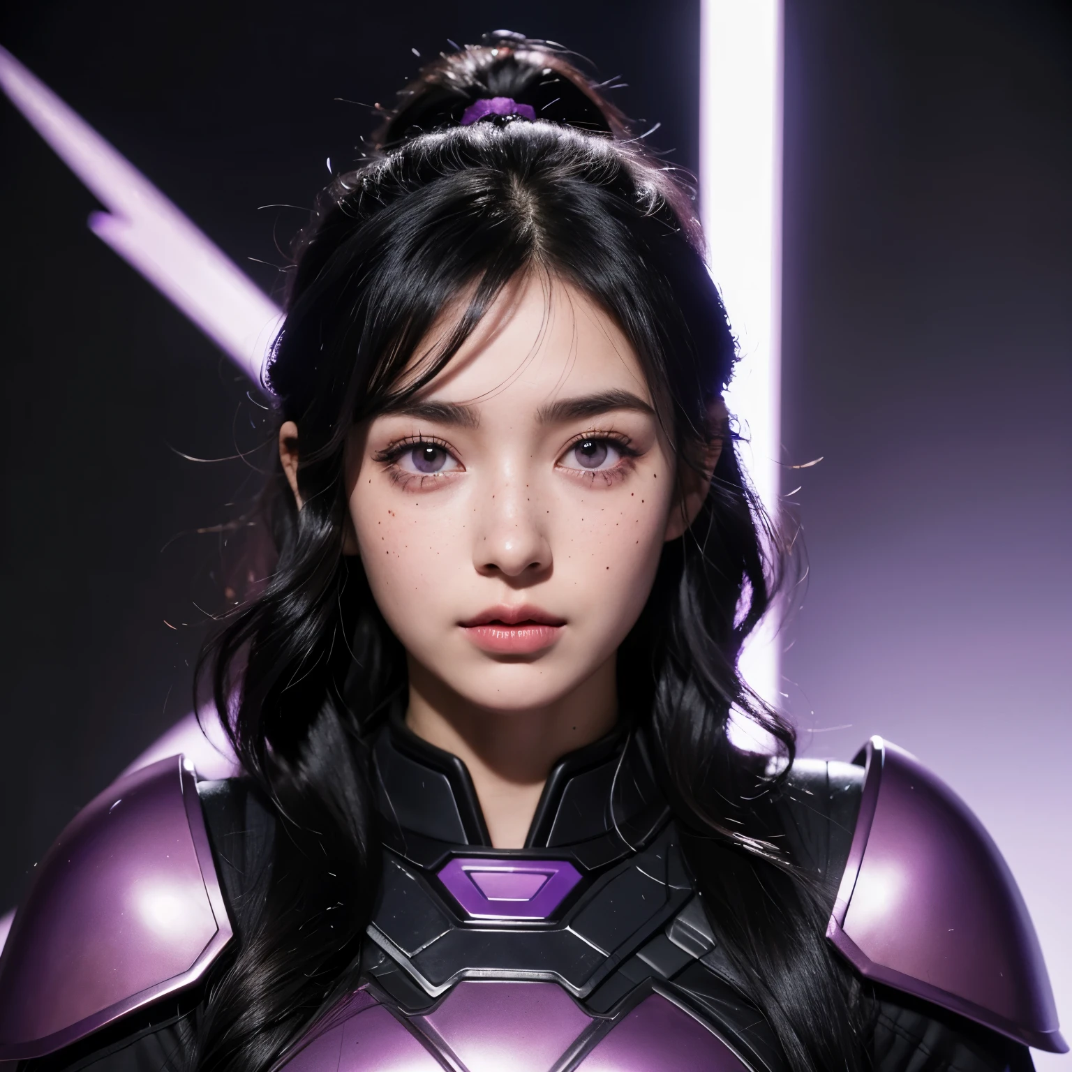 a woman with wavy black hair and purple eyes, black alien armor, freckles, blush, eyeshadow, cute face