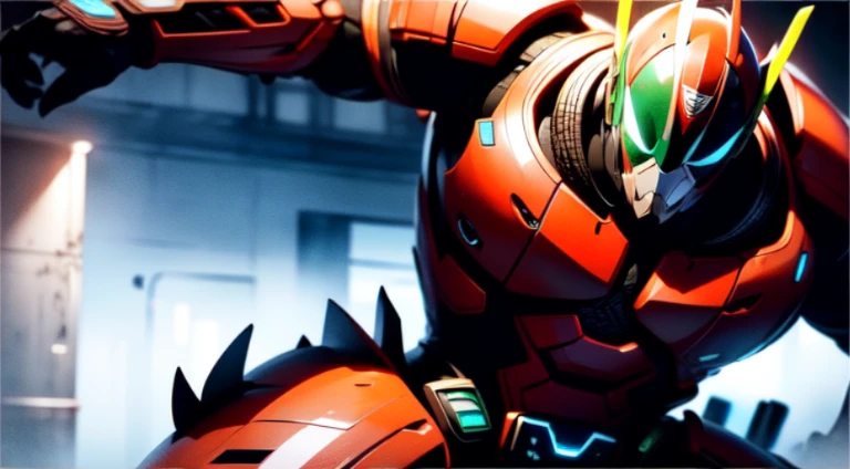 A man wears red high-tech armor and punches monsters,Urban ruined environment,Kamen Rider style,high high quality,High Picture Quality,A high resolution