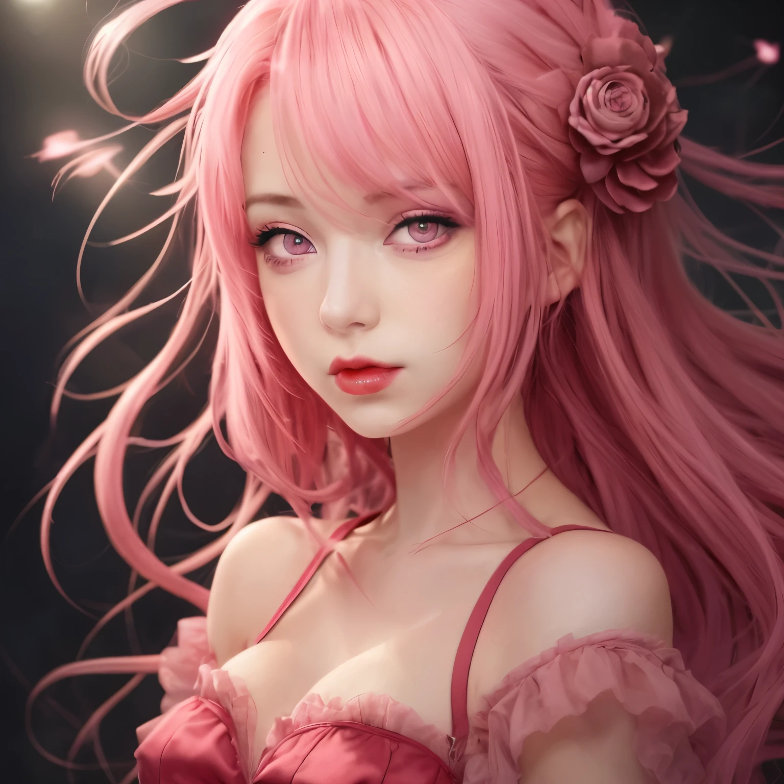 Girl with pink hair, pink eyes and Red lip