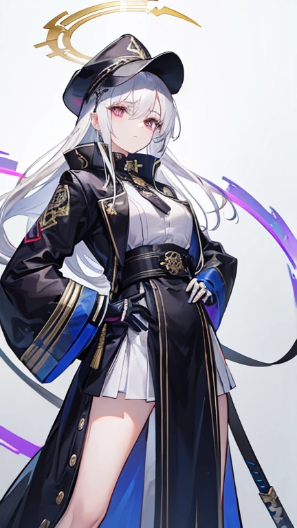 4k A girl holding a katana through her hands as she unsheathed it posing, her appearance She has long a White Hair fall's through her waist, she wearing a plain black cap, and Her pupil Gold vertical, Rainbow halo through her head Illuminati above her head, silver buttoned blue coat with three separated coattails. A white, serpentine pattern runs around the collar, with a snakes head hanging over the coat's left shoulder, and its tail slinking down the right, all the way to the bottom of the coat back ground Shattered glass dimensions
