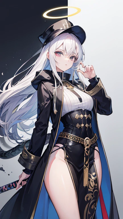 4k A girl holding a katana through her hands as she unsheathed it posing, her appearance She has long a White Hair fall's through her waist, she wearing a plain black cap, and Her pupil Gold vertical, Rainbow halo through her head Illuminati above her head, silver buttoned blue coat with three separated coattails. A white, serpentine pattern runs around the collar, with a snakes head hanging over the coat's left shoulder, and its tail slinking down the right, all the way to the bottom of the coat back ground Shattered glass dimensions