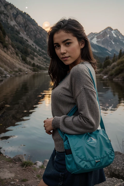 1 mujer ((parte superior del cuerpo selfie, feliz)), obra maestra, Mejor calidad, ultra detallado, Solo, al aire libre, (noche), mountains, naturaleza, (estrellas, Luna) alegre, feliz, mochila, bolsa de dormir, estufa de camping, botella de agua, mountain boots, guantes, sweater, tiene, Linterna, bosque, rocas, river, madera, fumar, oscuridad, contraste, Cielo limpio, analog style (mirar al espectador:1.2) (textura de la piel) (film grain:1.3), (warm tone, warm tone:1.2), de cerca, cinematic light, side lighting, ultra high resolution, mejor sombra, CRUDO, parte superior del cuerpo, vistiendo jersey