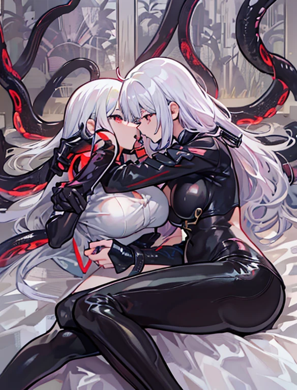 White-haired girl wearing black latex clothing and black stockings，White-haired girl with red eyes，The white-haired girl stretches out her black and red tentacles，Tentacles wrapped around white-haired girl。White-haired girl drains human husband dry，Mouth sucking human husband&#39;s bodily fluids。。White-haired girl in black latex plays with human husband。White-haired girl shows huge breasts。The two lay on the bed