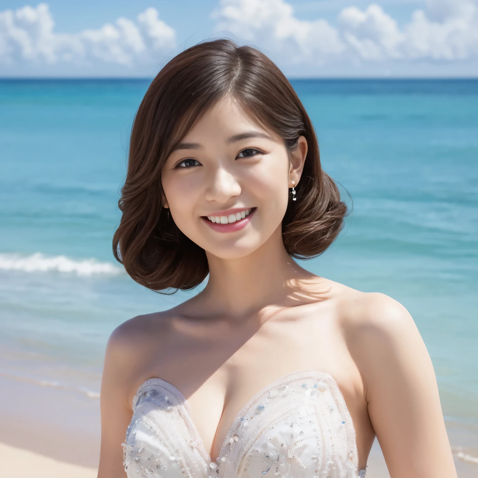 (highest quality、table top、8K、best image quality), mature woman、beach, (upper body photo:1.1)、Beautiful detailed face、Brilliantビキニ、Beautiful crystal clear sea、The most beautiful and sparkling clear sea、intricate and detailed ocean、sunlight、summer sky、into the cloud、shine、Brilliant、Beautiful sandy beaches、the best smile when you look at me、chubby body、the most beautiful and classy hairstyle、(accurate anatomy:1.1)