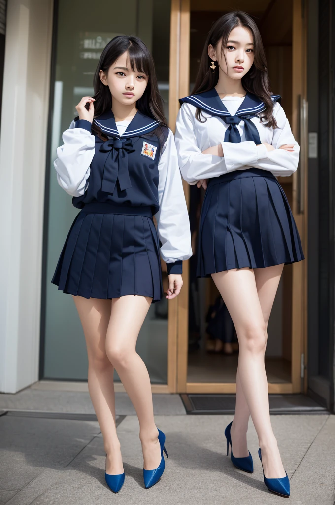 2 girls standing in school yard,short-sleeved navy blue frilled school swimsuit,hands on crotch,18-year-old,bangs,a little smile,thighs,knees,short hair with low pigtails bunches with sailor ribbon bow,from below,front light