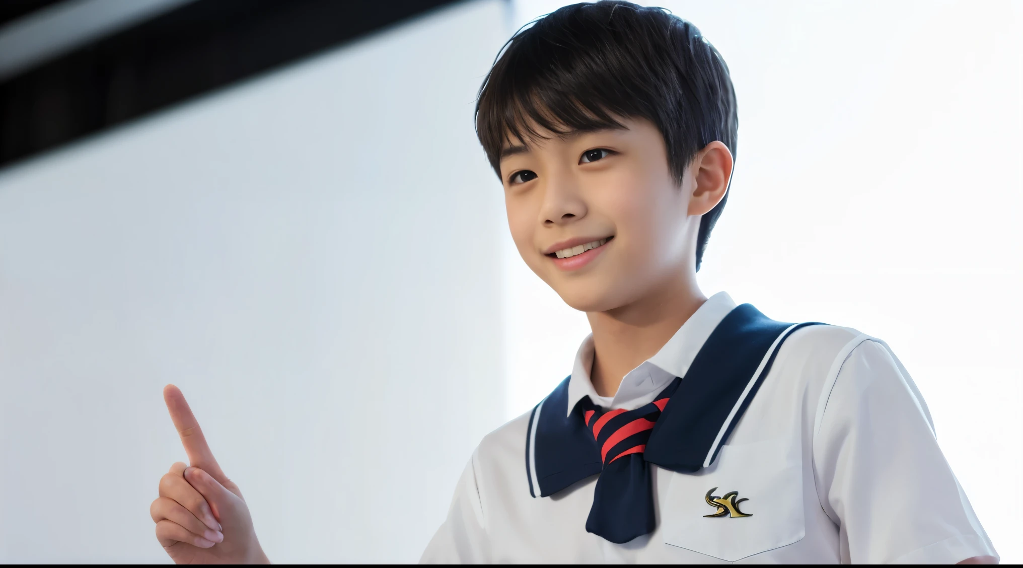(Raw photo:1), (masutepiece:1, Best Quality:1), (8k photo), (Photon mapping:1), (In a high school classroom:1), (Photorealistic:1.8), (Upper body:1), (Ultra-fine eyes:1), (1 Japan high school boy:1.5), (male:1.6), (solo), (alone), (he is doing a presentation:1.5), (he is talking:1.6), (presentation:1.5), (Pointing:1),(he is standing straight:1.5), (simple white background:1.51), (Good posture :1.3), (Natural and modern classroom:0.6), (simple School uniform for boys:1.5), (18 years old), (Round face:1),(tareme:0.2), (Bokeh),(lightsmile), Hand up, Arm up, (Active Pose:1), ( Bright background:1.5), Bokeh, (high brightness:1.2),