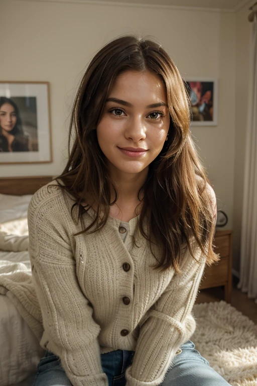 Generate a high-resolution, realistic portrait of a young woman in her youth room with natural indoor lighting, showcasing a confident and joyful expression. Capture the subject in a casual and fashionable urban street style, highlighting fine details in skin texture and vibrant, youthful features." "Create an ultra-realistic image of a woman in a relaxed, carefree indoor setting during daylight hours. Emphasize the natural beauty of the scene with soft lighting, capturing a candid moment of the subject's everyday life. Ensure the portrait reflects a harmonious color palette and a stylish, yet casual appearance