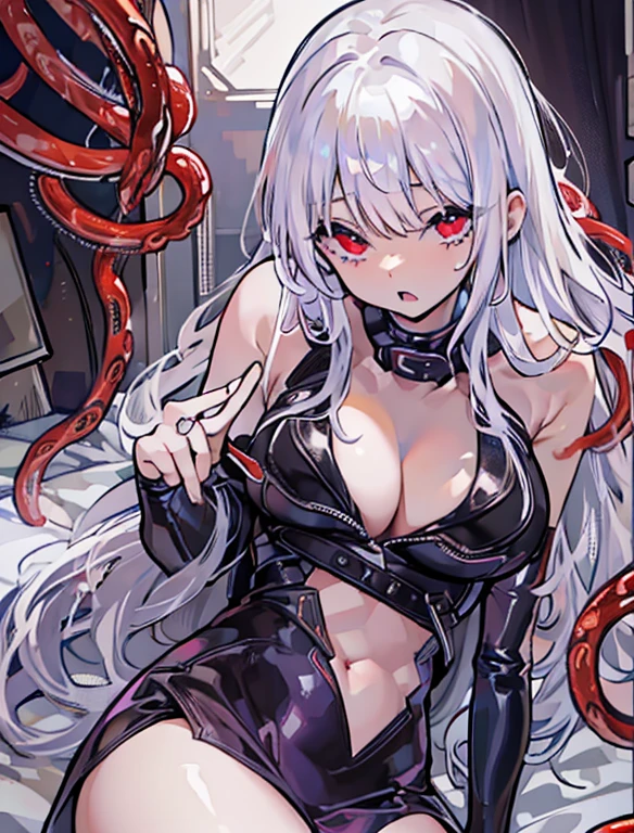 White-haired girl wearing black latex clothing and black stockings，White-haired girl with red eyes，The white-haired girl stretches out her black and red tentacles，Tentacles wrapped around white-haired girl。White-haired girl drains human husband dry，Mouth sucking human husband&#39;s bodily fluids。。White-haired girl in black latex plays with human husband。White-haired girl shows huge breasts。The two lay on the bed