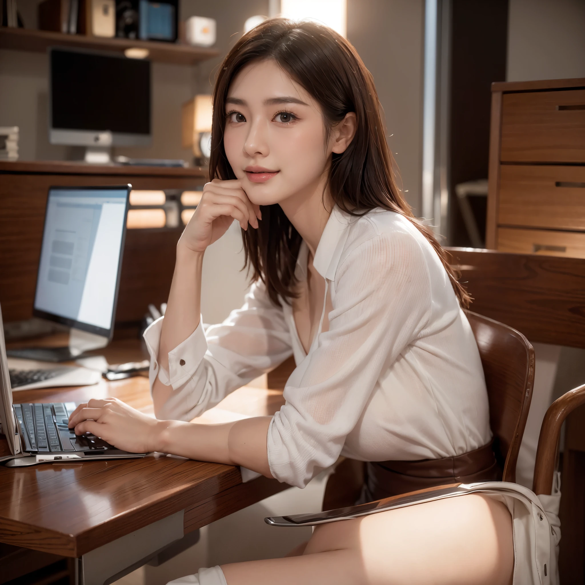 perfect photo、handsome face、japanese woman、 (show cleavage:1.5)、perfect hands、Super detailed portrait of a 20 year old Japanese office lady、White Schatz、white blouse、I'm in a bright office、bath computer desk、laptop、beautiful bare skin、well-groomed hair、Elegant Office Wear、