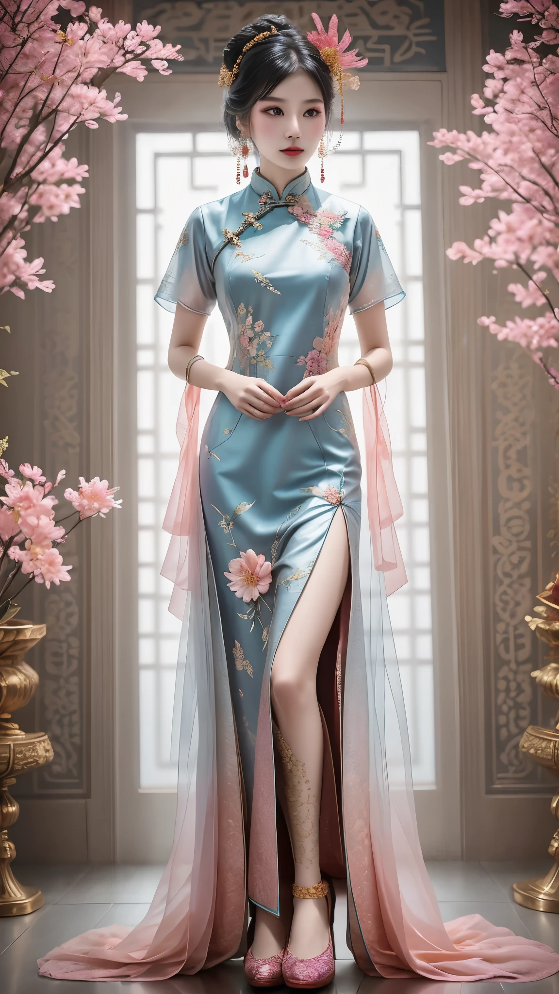 Modern Chinese qipao fashion design, featuring a beautiful girl wearing a soft toned lace long qipao, with a full body (pink, purple, blue, light green, peach brown), a combination of warm and cool colors, creates a rich and colorful yet extraordinary picture. The patterns of Chinese qipao include magpies, peanuts, and pomegranates, with patterns, plaques, stripes, and polka dots. Embroidery adds to the qipao's beauty, while Cantonese embroidery has a complex yet not chaotic composition, Xiang embroidery takes Chinese landscape painting as its theme. Embroidering flowers can produce fragrance, birds can listen to sound, and embroiderers can be lifelike, with precision and rigor. Su embroidery is "flat, light, uniform, harmonious, smooth, fine, and dense", hand carved with patterns of dragons and phoenixes, Ruyi, flowers, etc. The style of the placket of the cheongsam is single, double, and diagonal, with some exquisite jewelry, earrings, necklaces, shoes, and bags, highlighting individual charm and matching the overall shape,