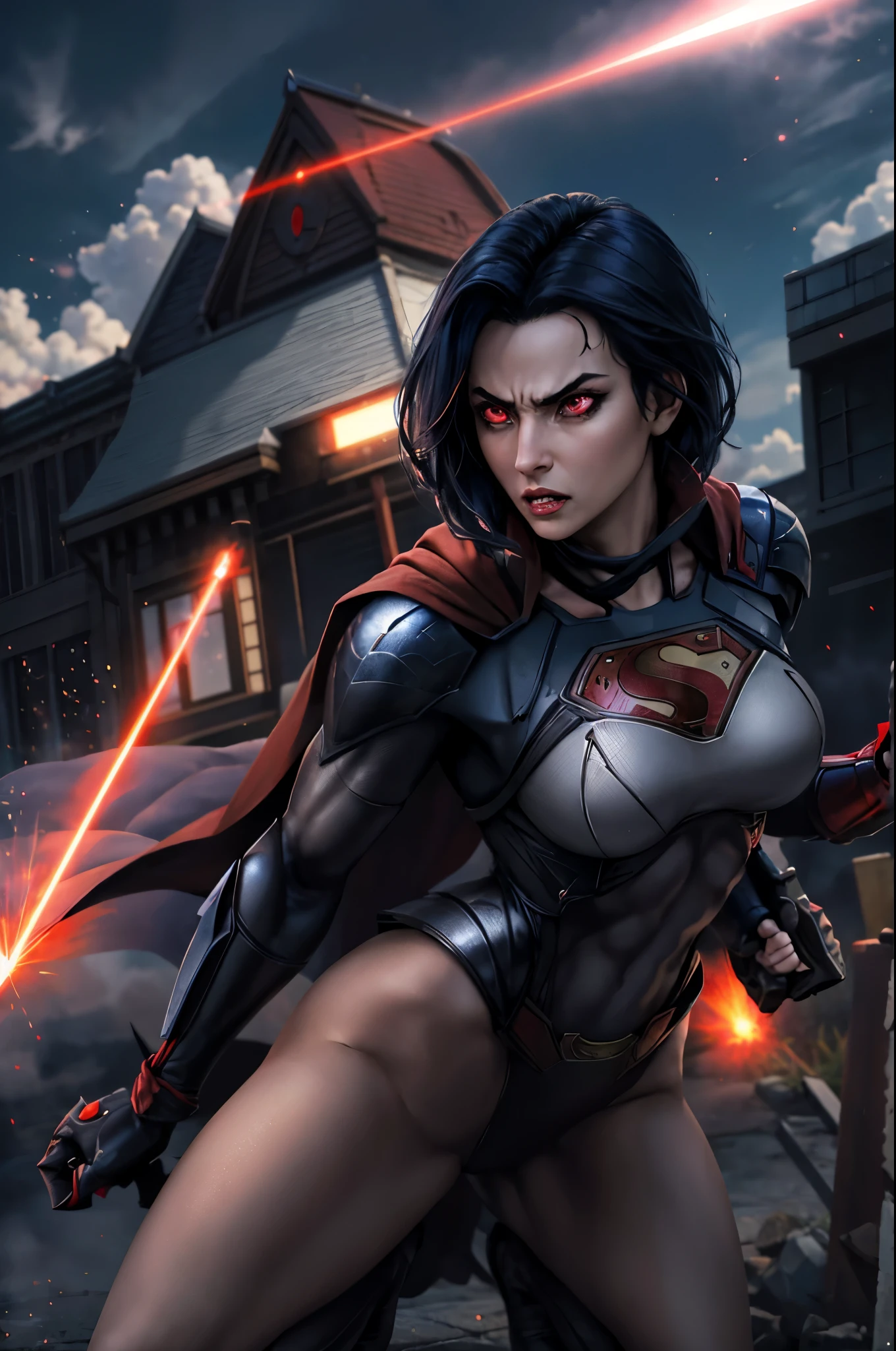 nijistyle, beautiful lady in superman cosrume, short black hair, angry, glowing red eyes, laser eyes, cape, particles, clouds, sky