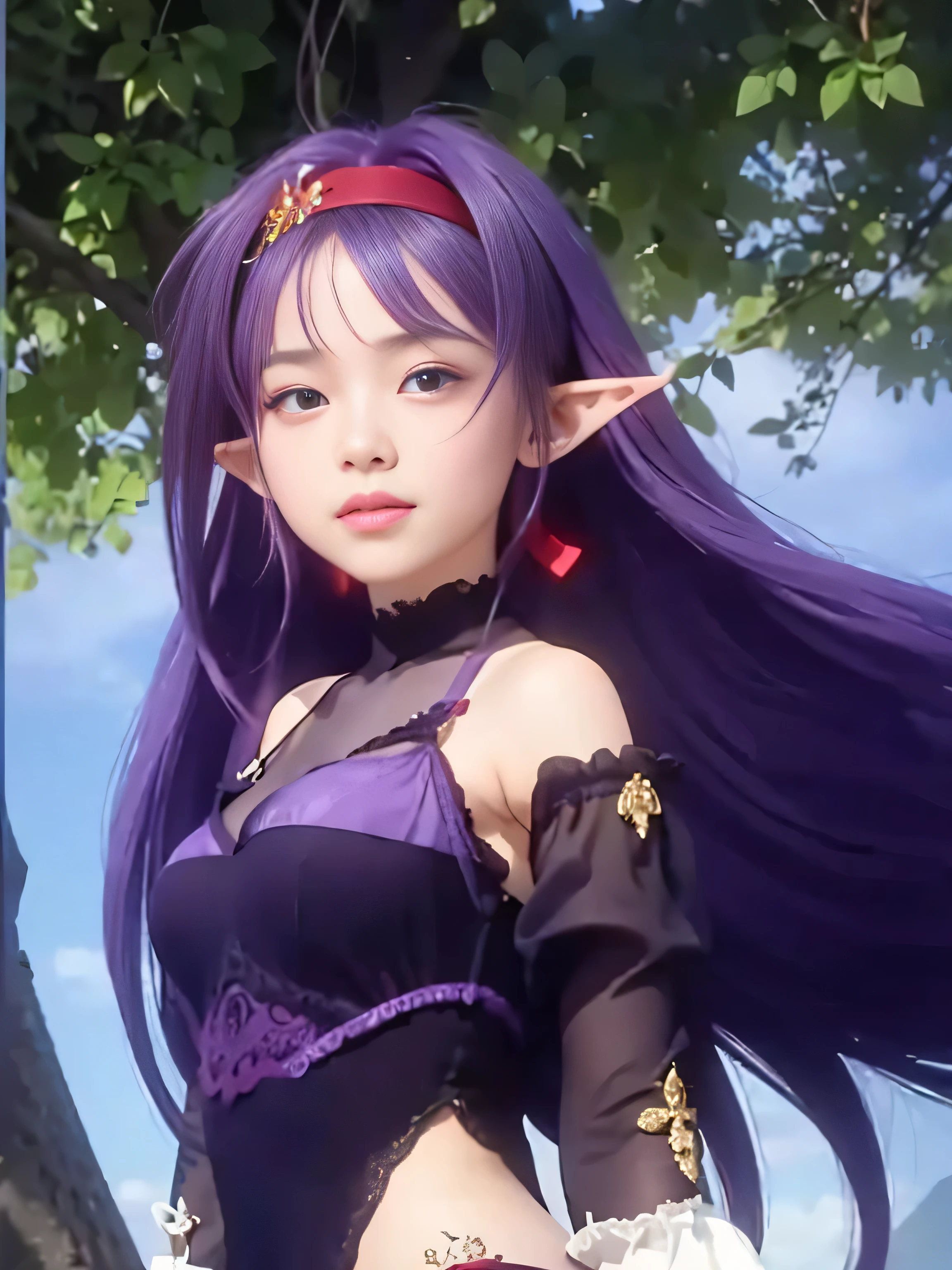 masterpiece, best quality, (realistic,photo-realistic:1.4), (RAW photo:1.2), extremely detailed CG unity 8k wallpaper, delicate and beautiful, amazing,finely detail, official art, absurdres, incredibly absurdres, huge filesize, ultra-detailed,extremely detailed eyes and face,light on face,little smile,(purple hair:1.4),short hair,twintail,wearing ,red hairband,(wearing lingerie:1.5),elf ears