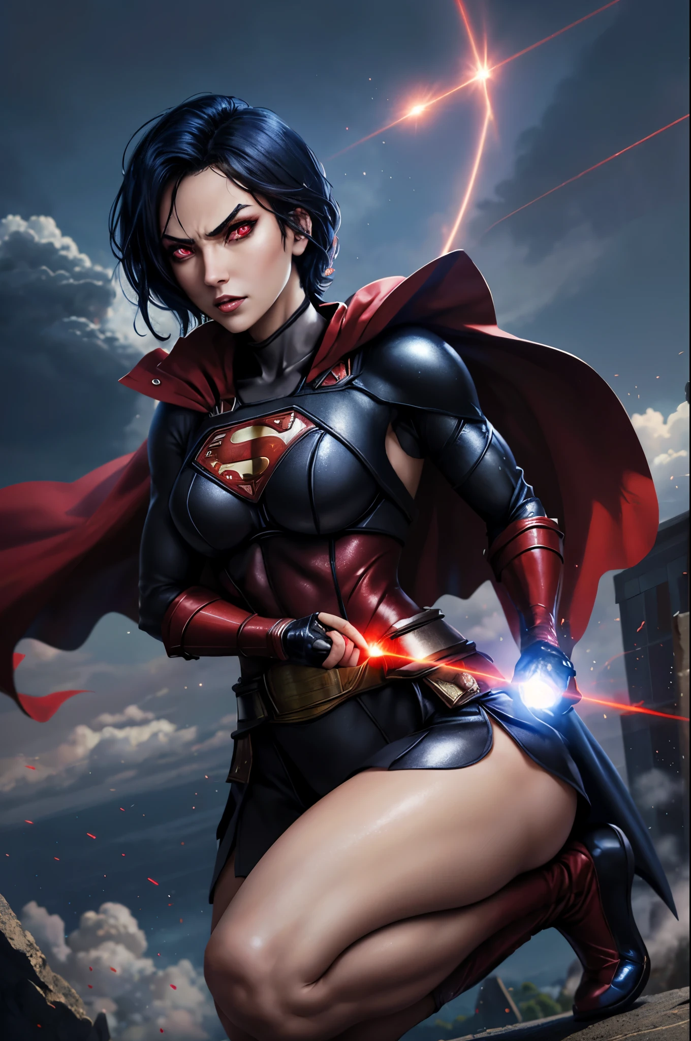 nijistyle, beautiful lady in superman cosrume, short black hair, angry, glowing red eyes, laser eyes, cape, particles, clouds, sky 