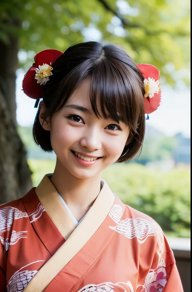 ((highest quality)), ((masterpiece)), (be familiar with), ((big breasts)), ((double)), perfect face ((((Japanese high school girl)))), (((kimono)), brown hair, ((Upper body)), short hair,smile,