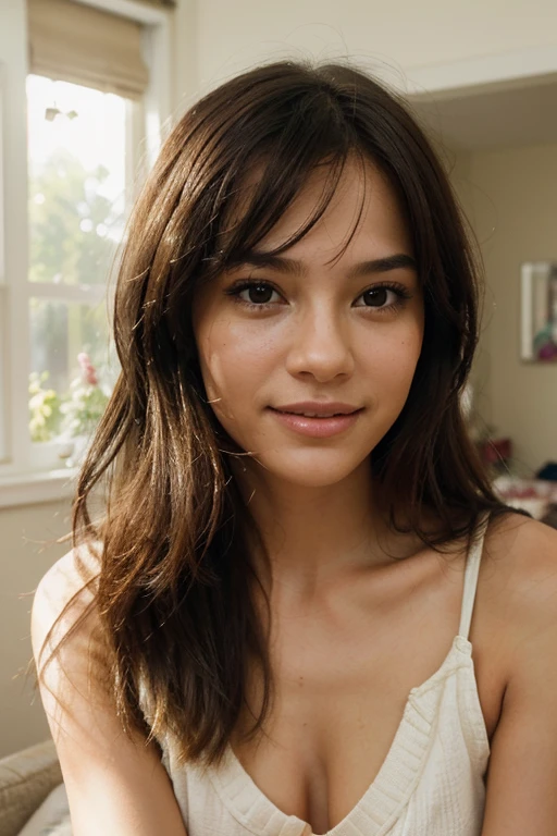 Generate a high-resolution, realistic portrait of a young woman in her youth room with natural indoor lighting, showcasing a confident and joyful expression. Capture the subject in a casual and fashionable urban street style, highlighting fine details in skin texture and vibrant, youthful features." "Create an ultra-realistic image of a woman in a relaxed, carefree indoor setting during daylight hours. Emphasize the natural beauty of the scene with soft lighting, capturing a candid moment of the subject's everyday life. Ensure the portrait reflects a harmonious color palette and a stylish, yet casual appearance